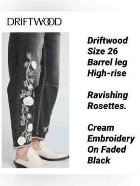 DRIFTWOOD, Size 26, Faded Black Jeans, Free People! Embroidery, Rosettes, NWT!